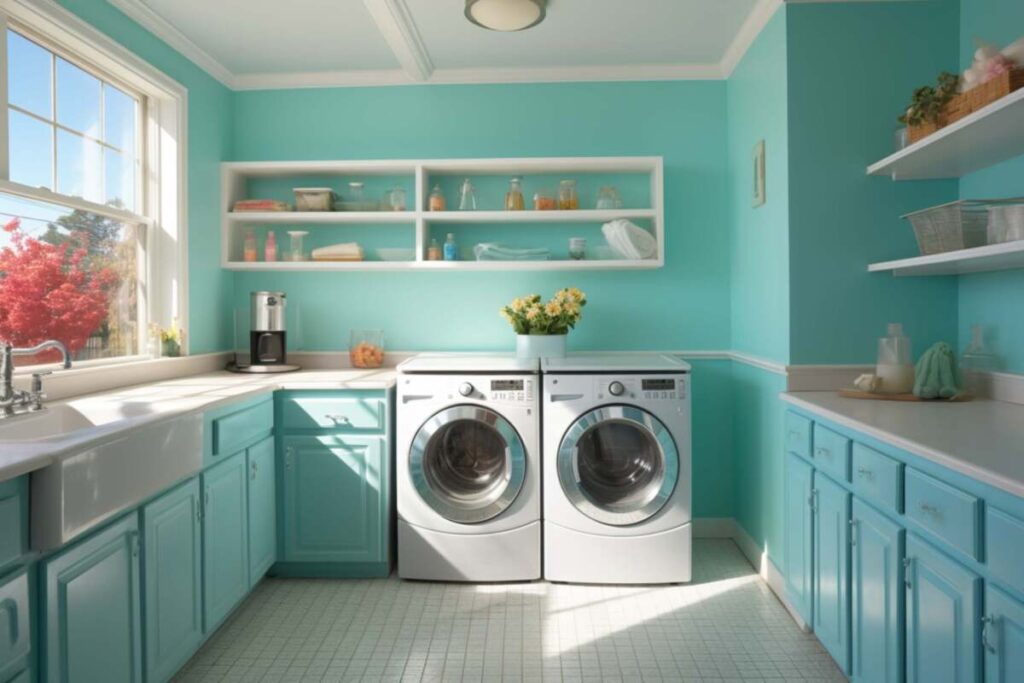 Small laundry room with aqua wall paint