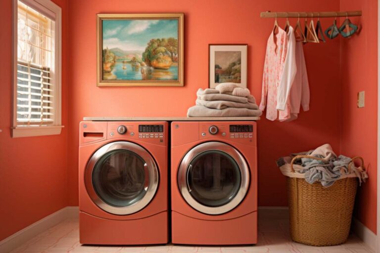 Small laundry with coral coloured walls