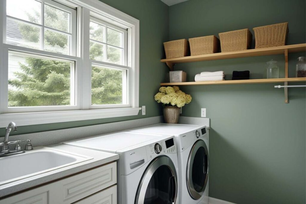 Small laundry room with light blue wall paint