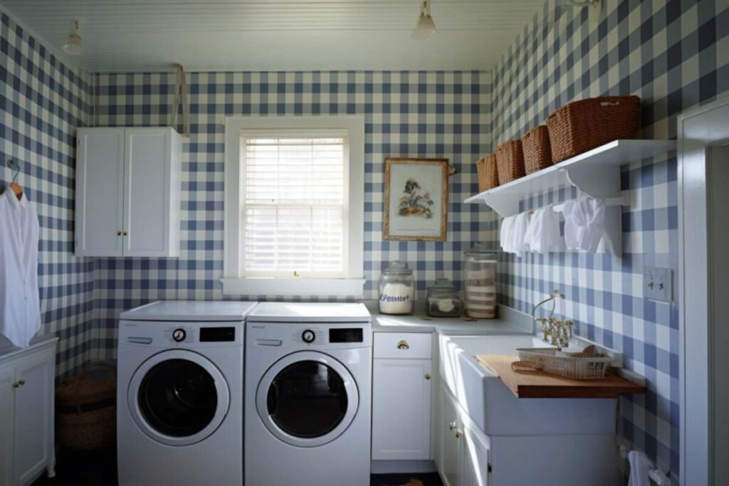 Laundry room with gingham wallpaper