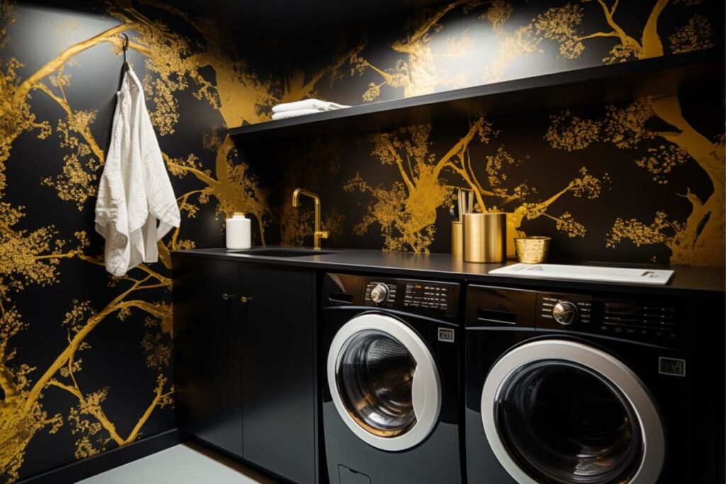 Laundry room with black and bright gold wallpaper