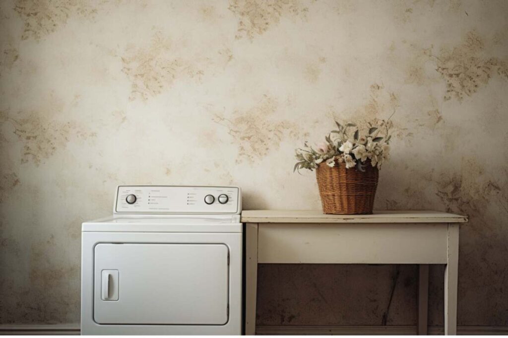 Laundry room with vintage wallapaper