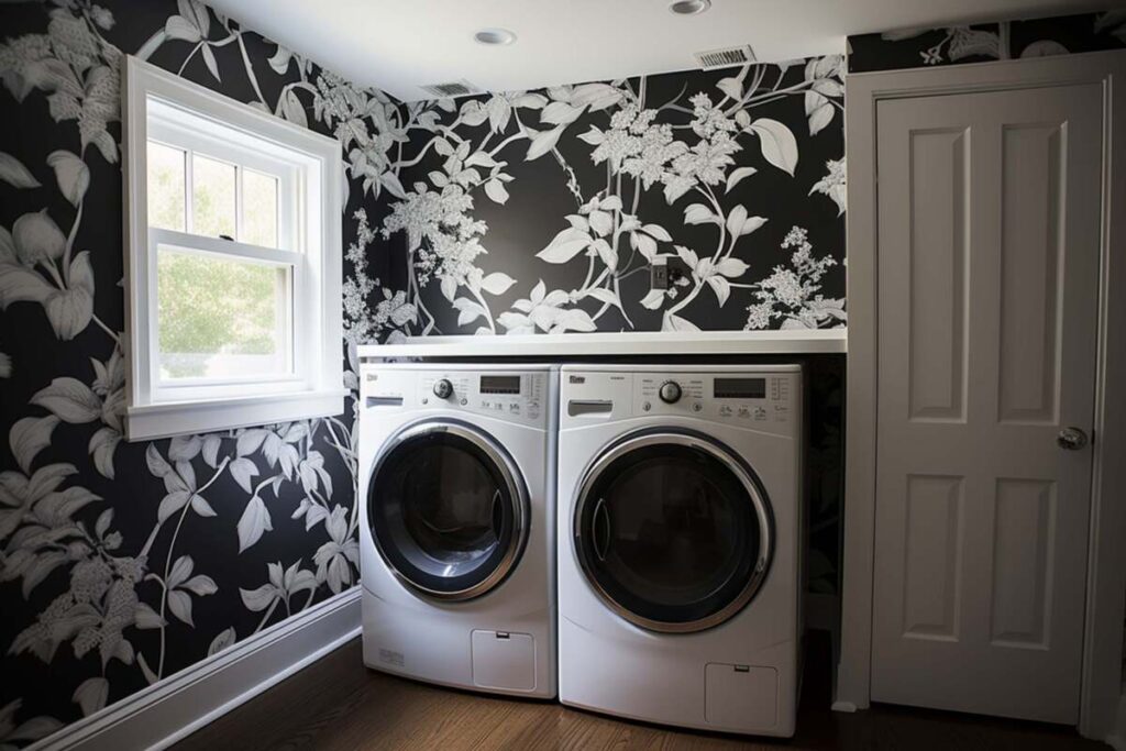 Laundry room with black and white wallpaper