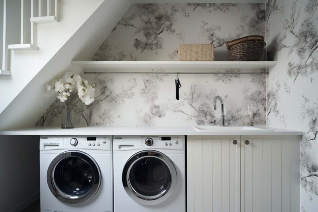 Laundry room with grey and white wallpaper