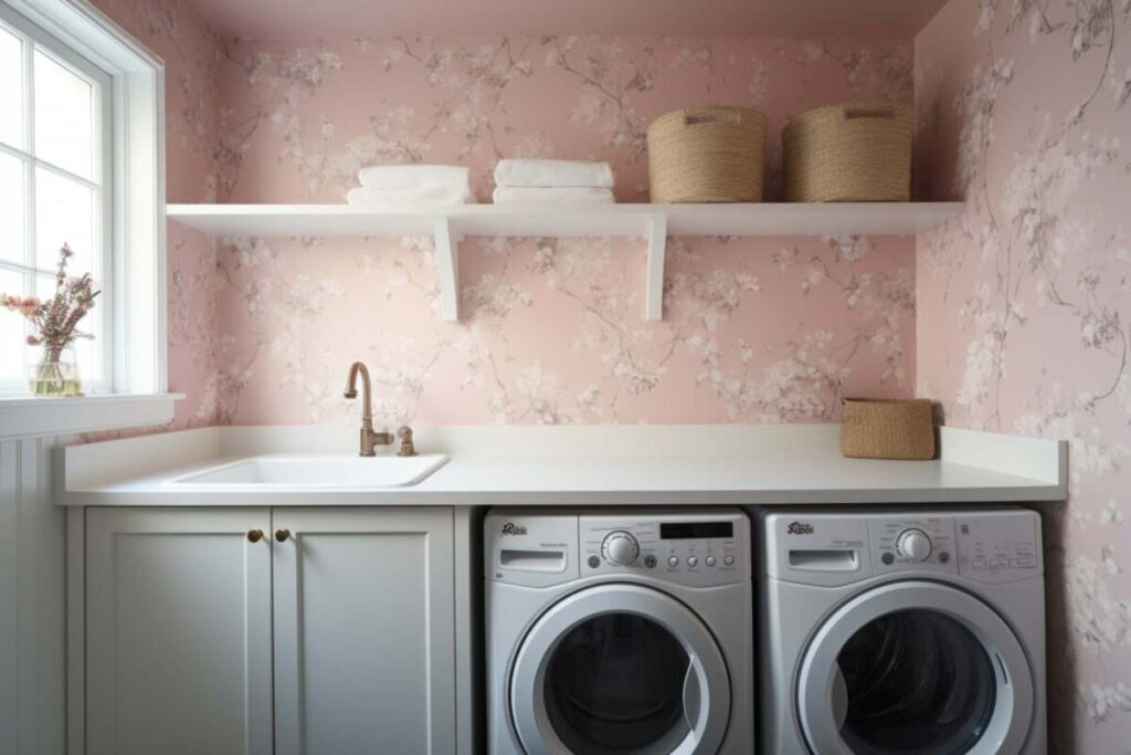 Laundry room with pink floral wallpaper