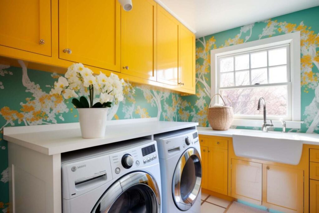 Laundry room with bright blue and yellow wallpaper