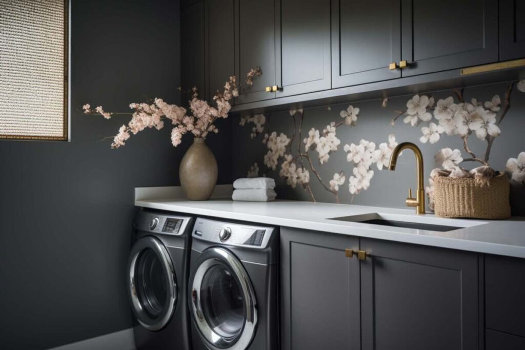Laundry room with dark grey and pink floral wallpaper