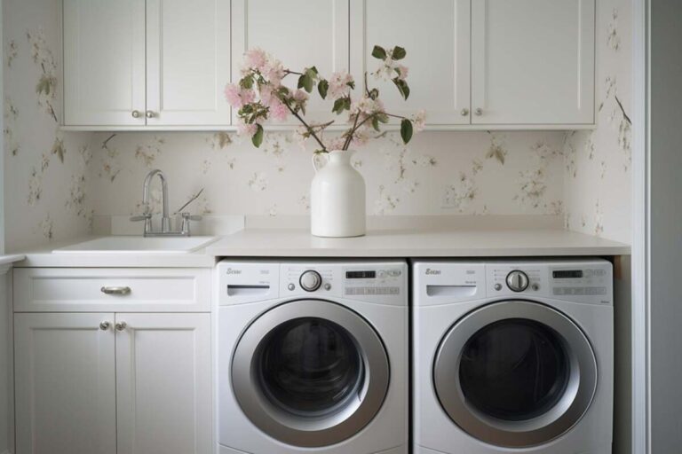 Laundry room with floral wallpaper