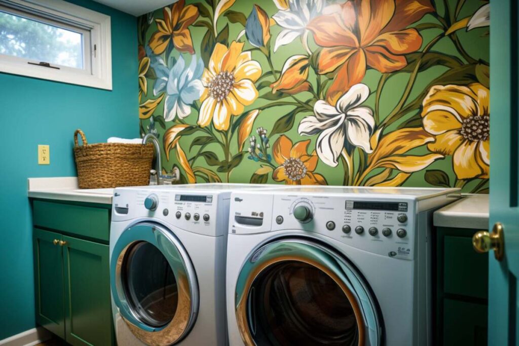 Laundry room with bright and colourful floral wallpaper