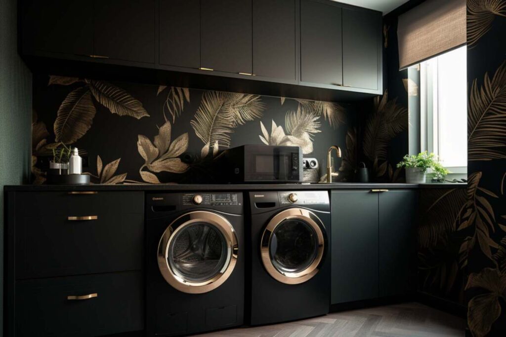 Laundry room with black and gold wallpaper